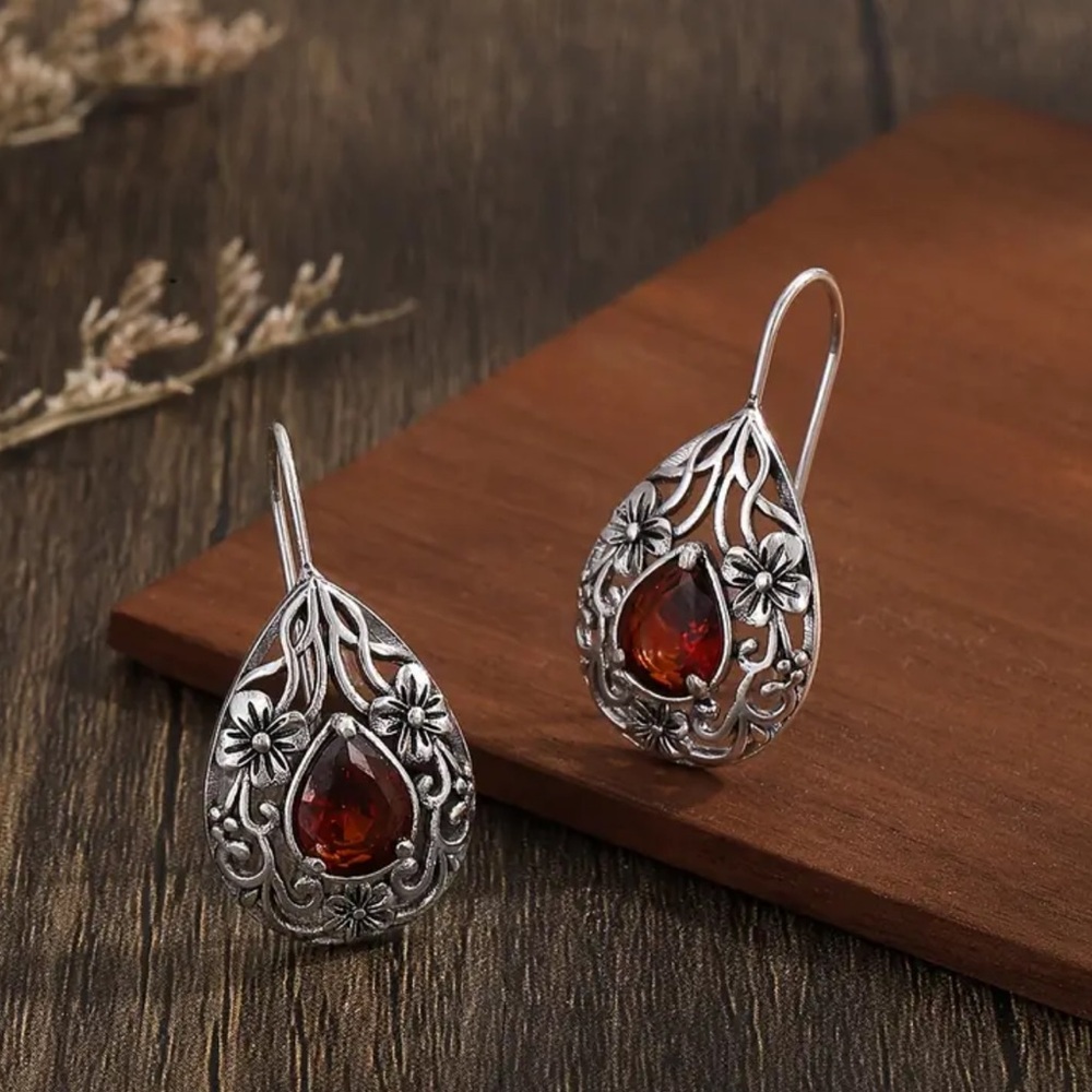 NWOT - Ornate Silver-tone and Garnet Red Dangle Earrings